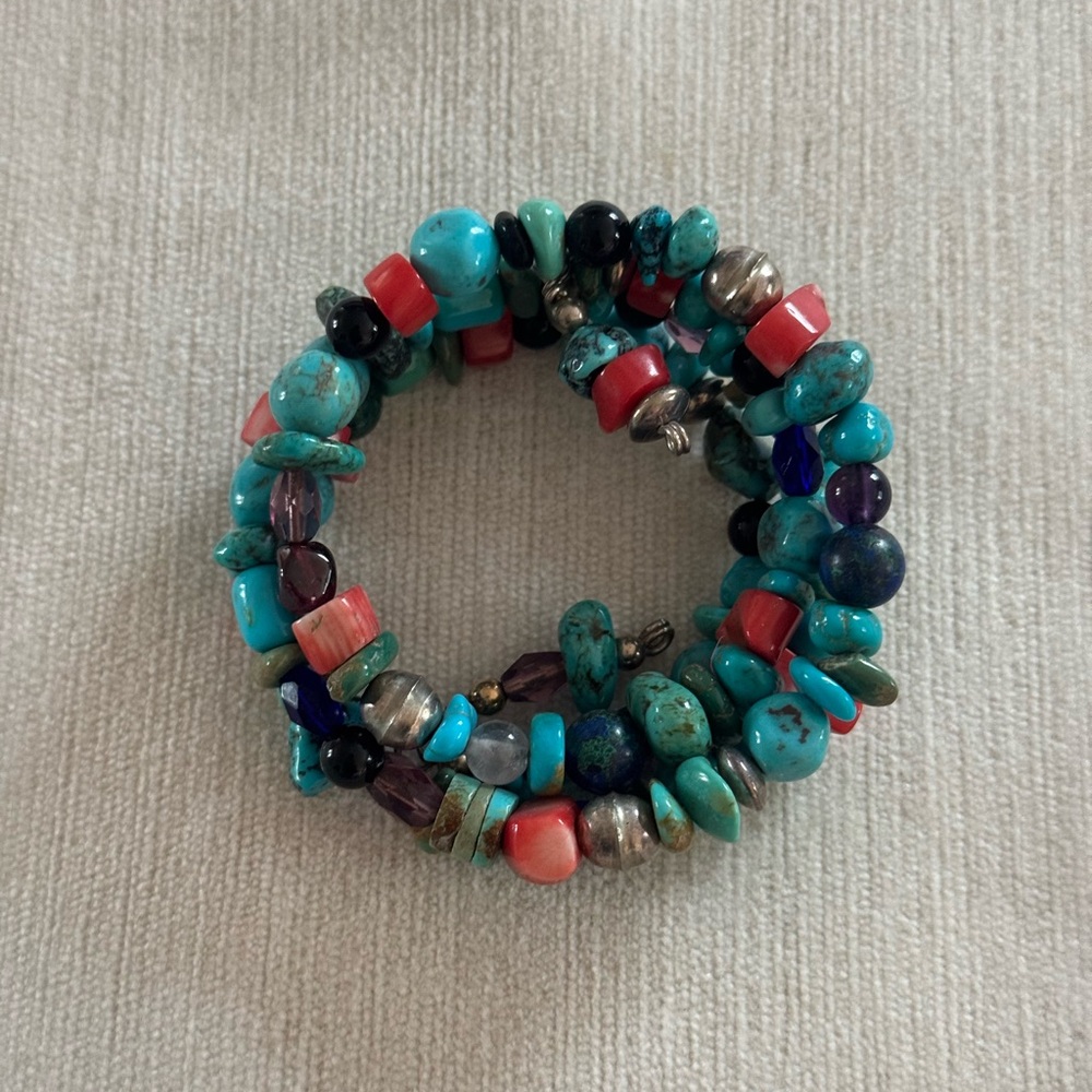 Vintage memory wire Turquoise and Coral Beaded Bracelet